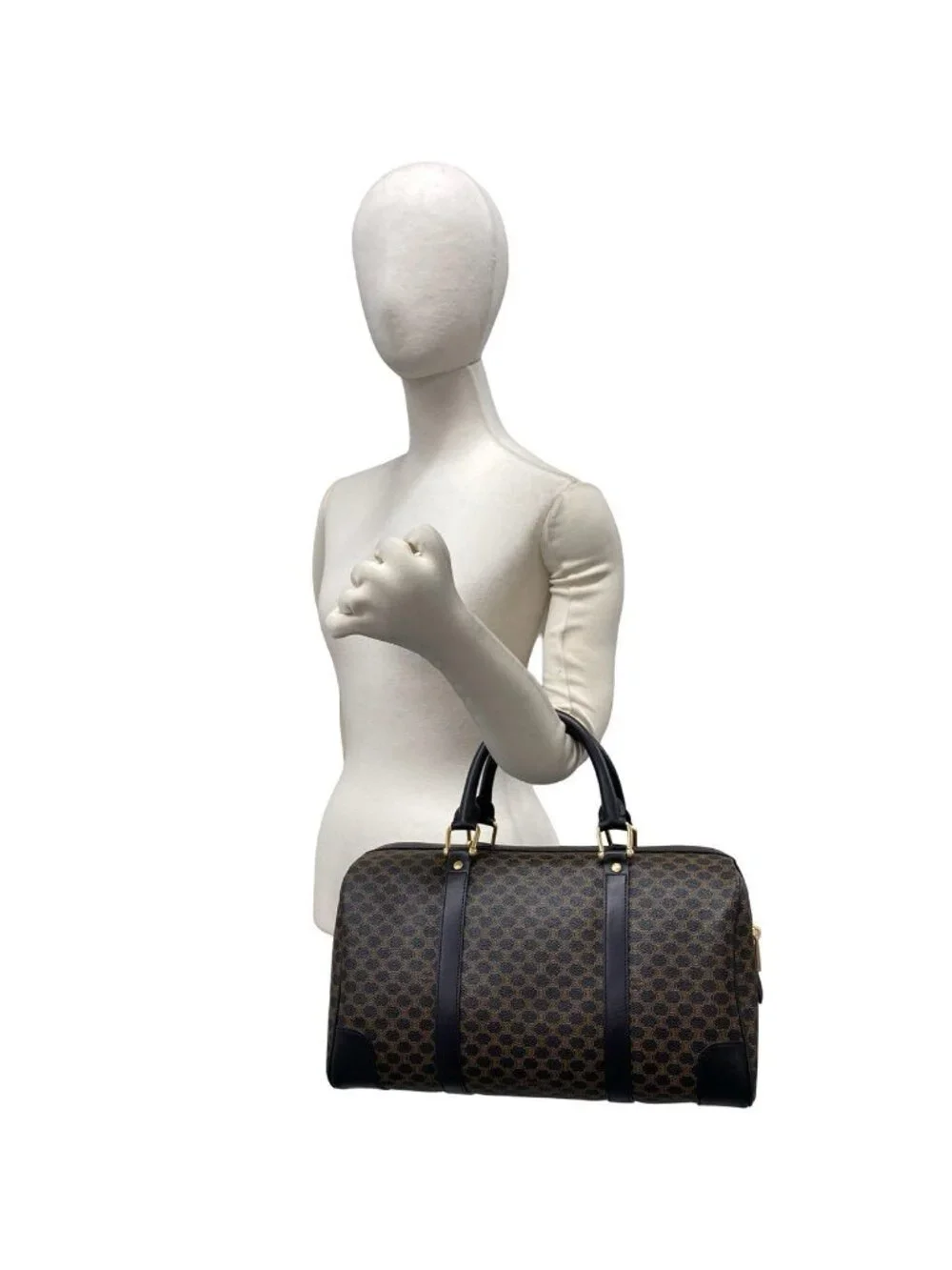 Celine Vintage Macadam Blason Pattern Leather Mini Boston Bag Black Brown